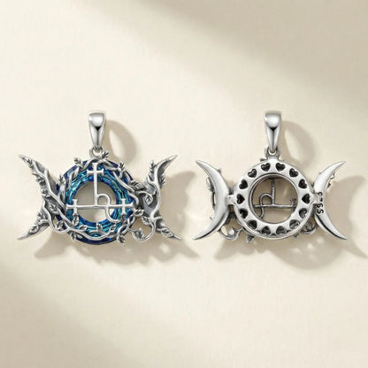 Blue Crystal Triple Moon Goddess Lilith Sigil Necklace Front and Back Side