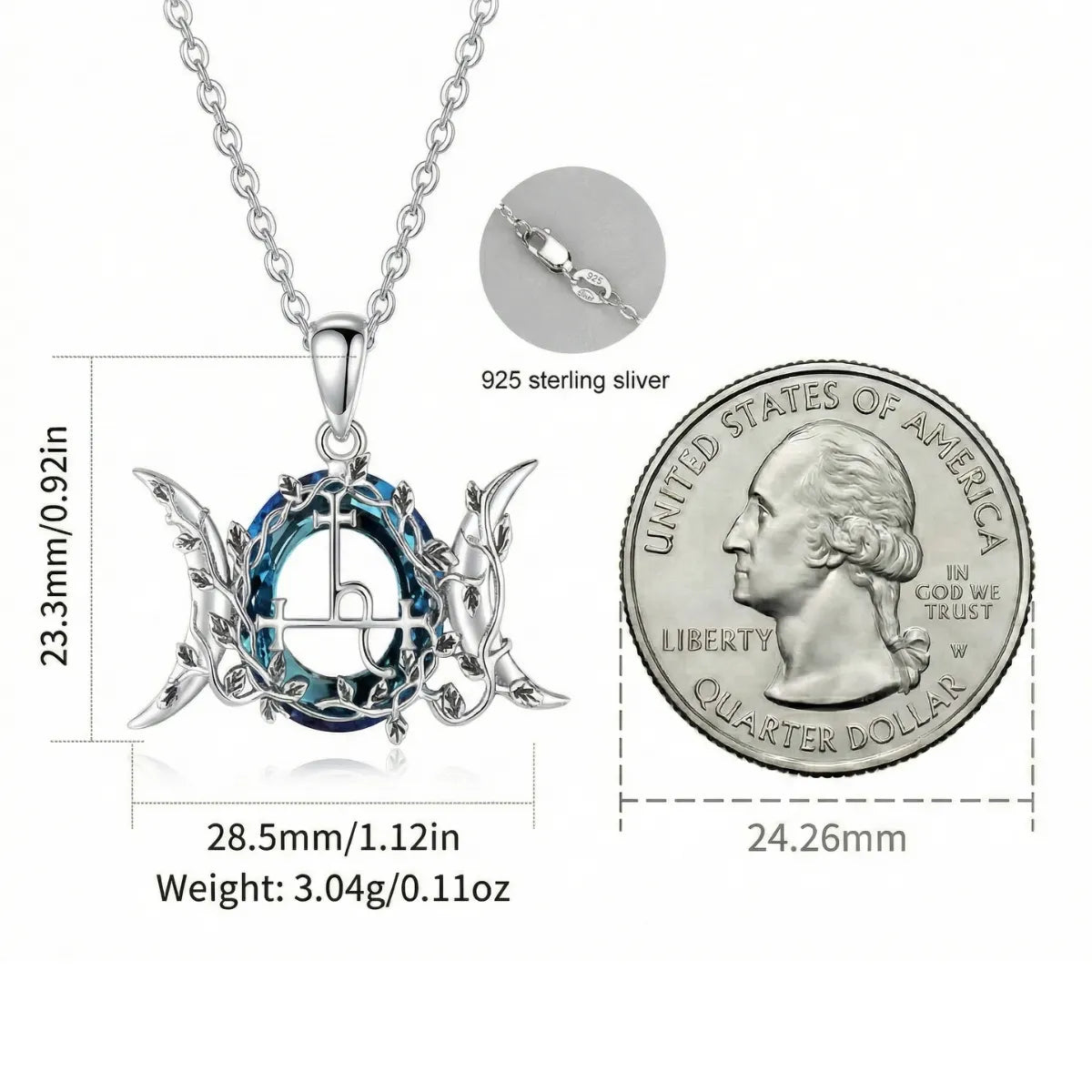 Blue Crystal Triple Moon Goddess Lilith Sigil Necklace Size Comparison