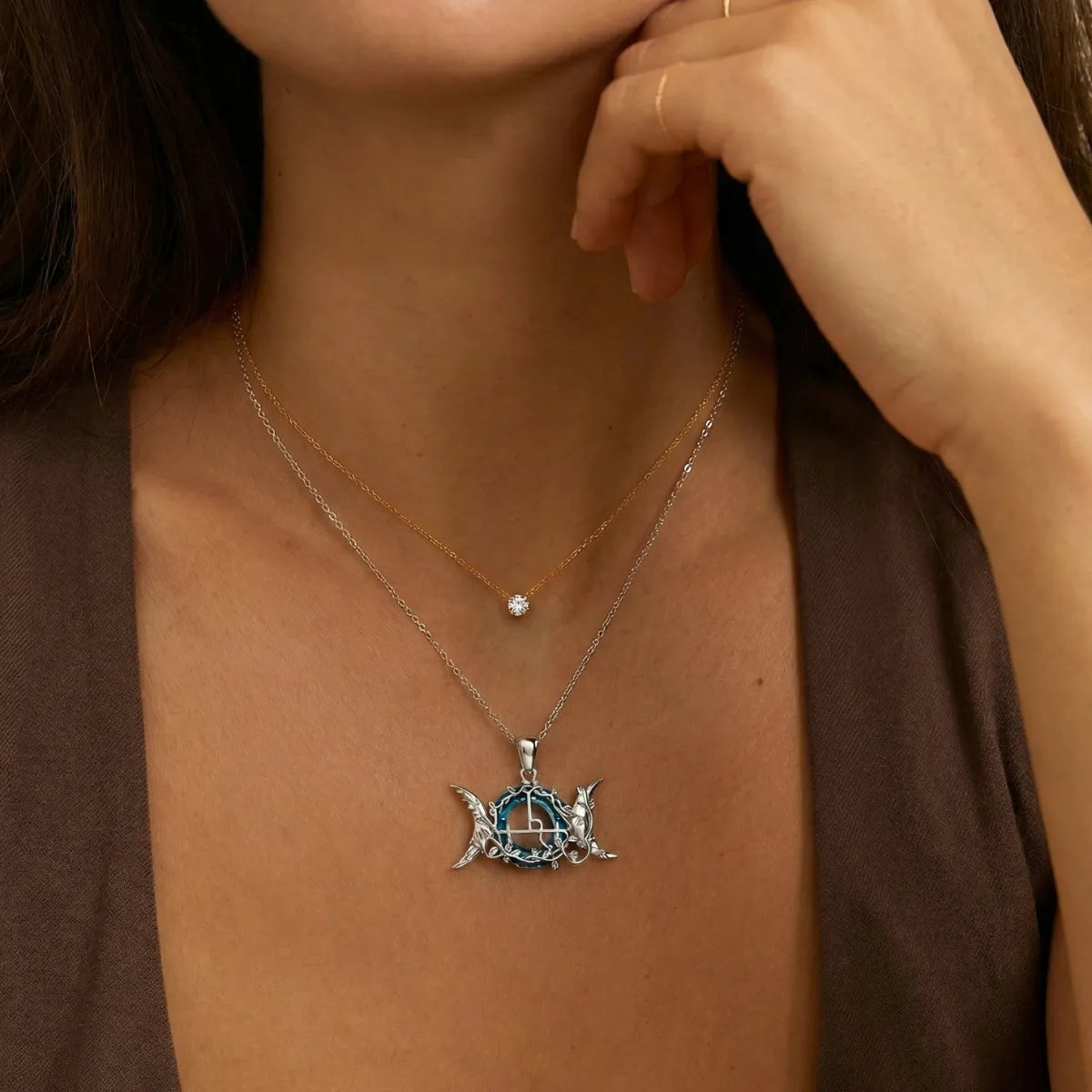 Blue Crystal Triple Moon Goddess Lilith Sigil Necklace Worn by Female Model