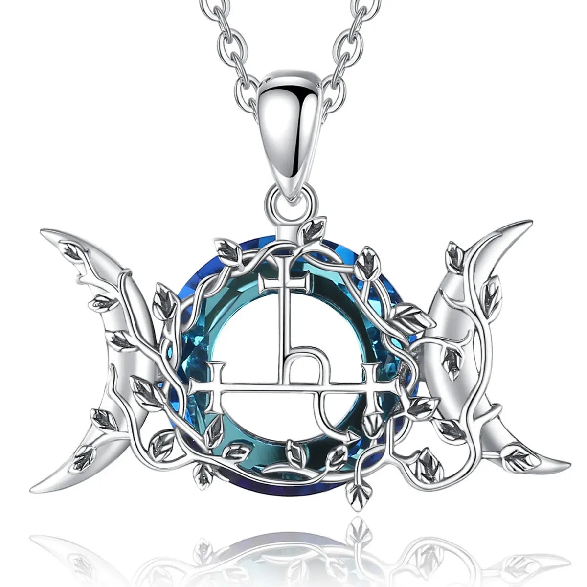 Blue Crystal Triple Moon Goddess Lilith Sigil Necklace with 18inch Chain