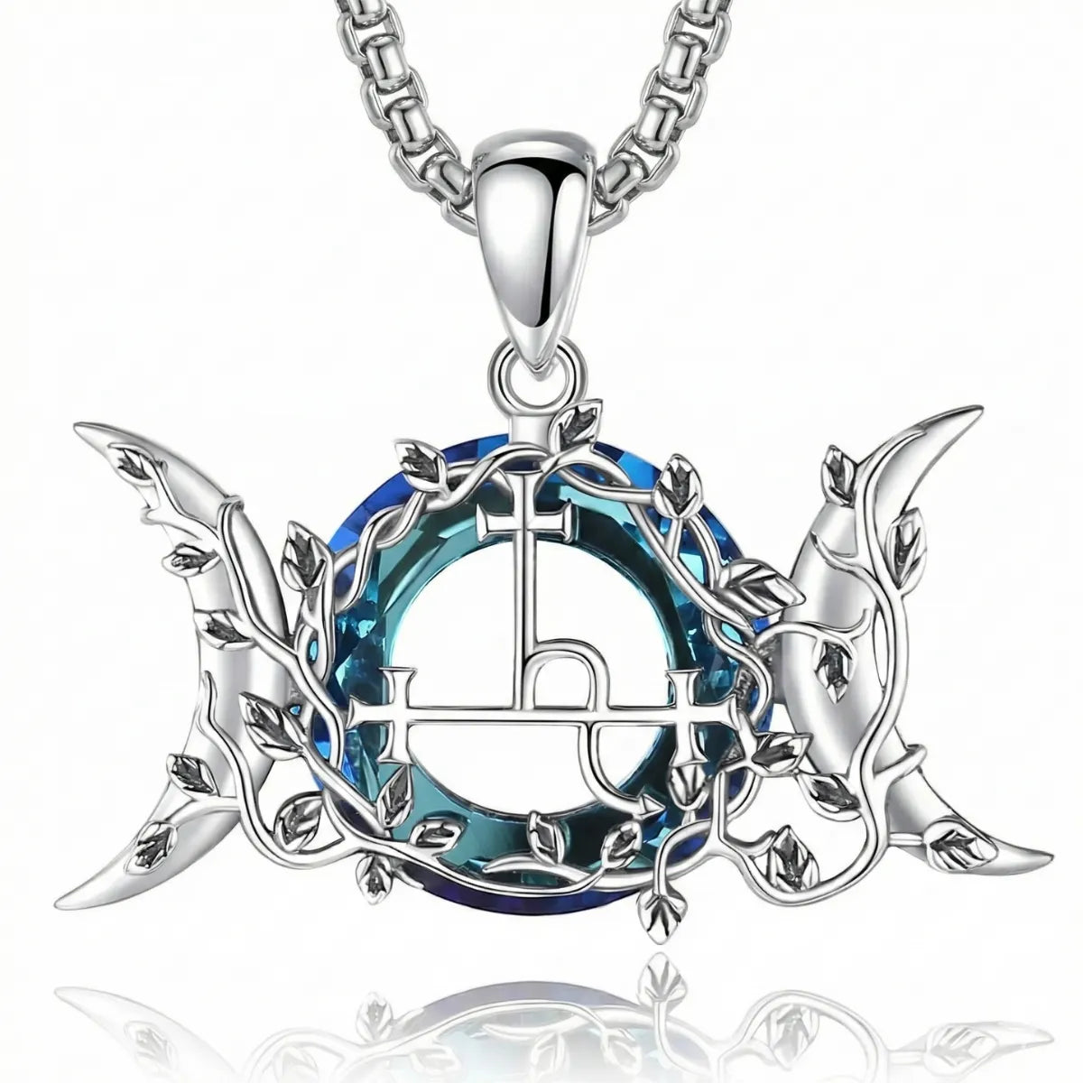 Blue Crystal Triple Moon Goddess Lilith Sigil Necklace with 55cm Stainless Steel Chain