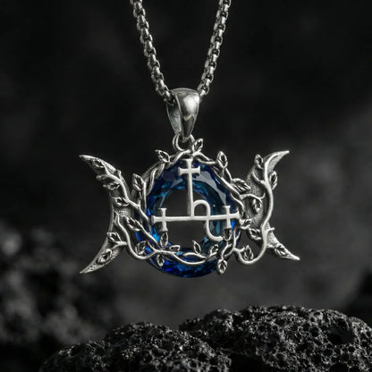 Blue Crystal Triple Moon Goddess Lilith Sigil Necklace