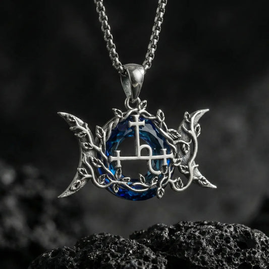 Blue Crystal Triple Moon Goddess Lilith Sigil Necklace