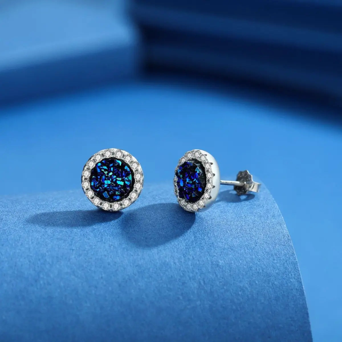 Blue Druzy Stud Earrings Sterling Silver Details