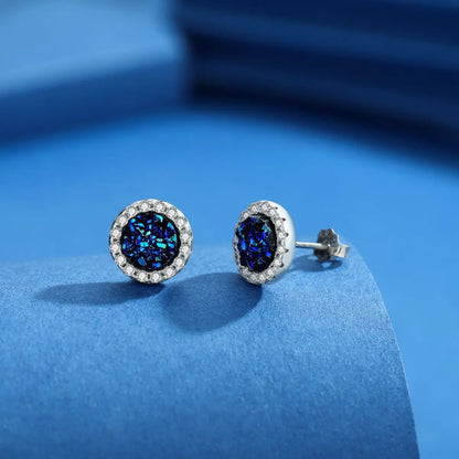 Blue Druzy Stud Earrings Sterling Silver Details
