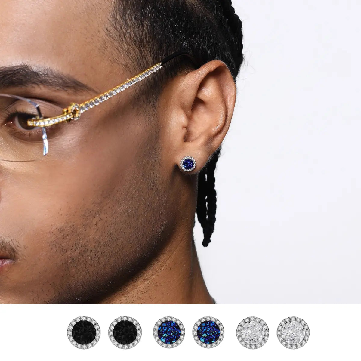 Blue Druzy Stud Earrings Sterling Silver Front Worn by Male Model