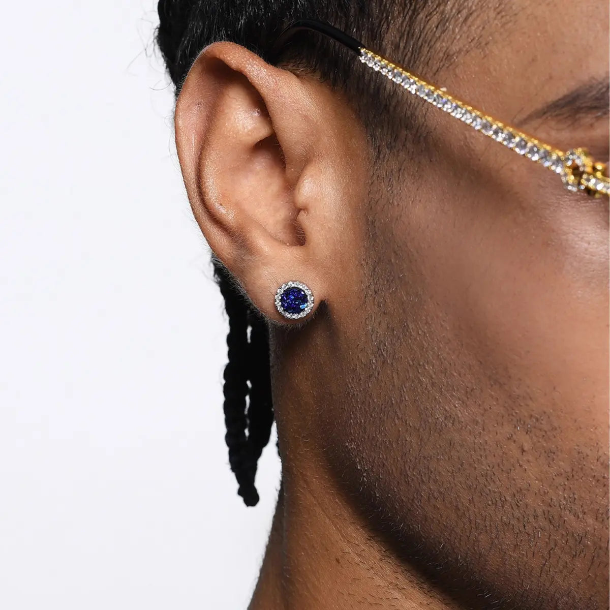 Blue Druzy Stud Earrings Sterling Silver Worn by Male Model Close up