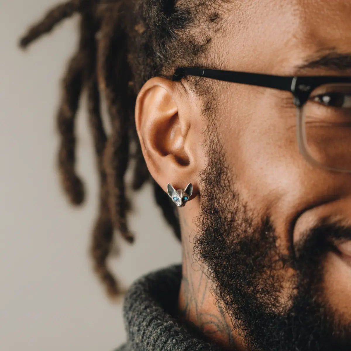 Blue Eye Sphynx Cat Stud Earrings Worn by Male Model