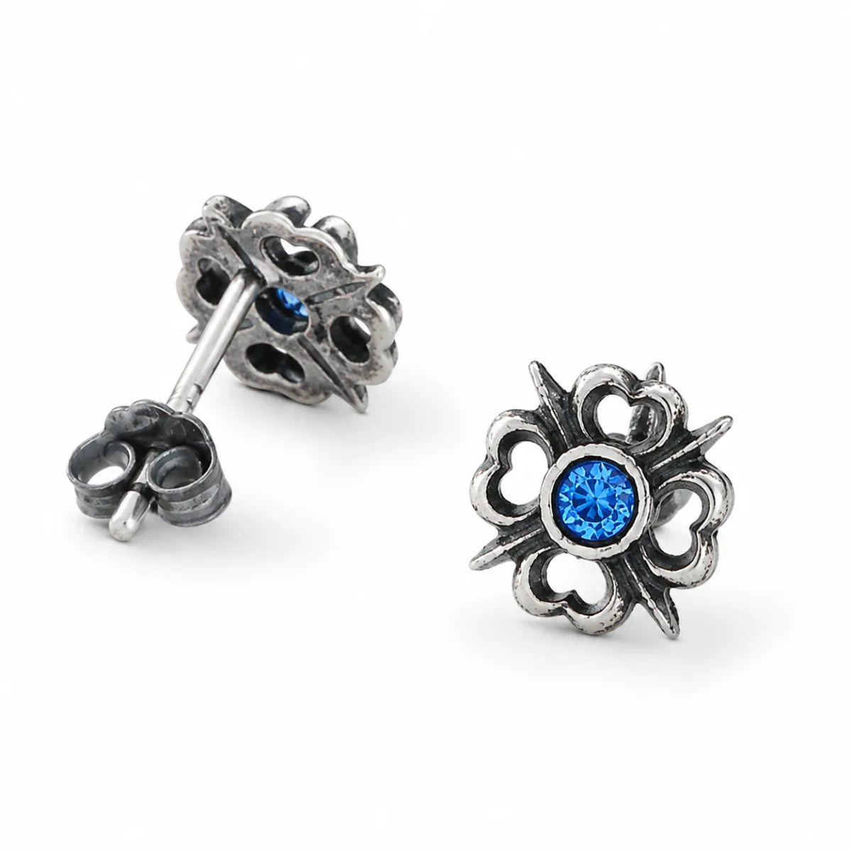 Blue Gem Gothic Stud Earrings 925 Silver Multi Angle Product Feature Showcase