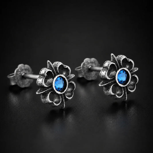Blue Gem Gothic Stud Earrings 925 Silver Pair Close Up Black Background