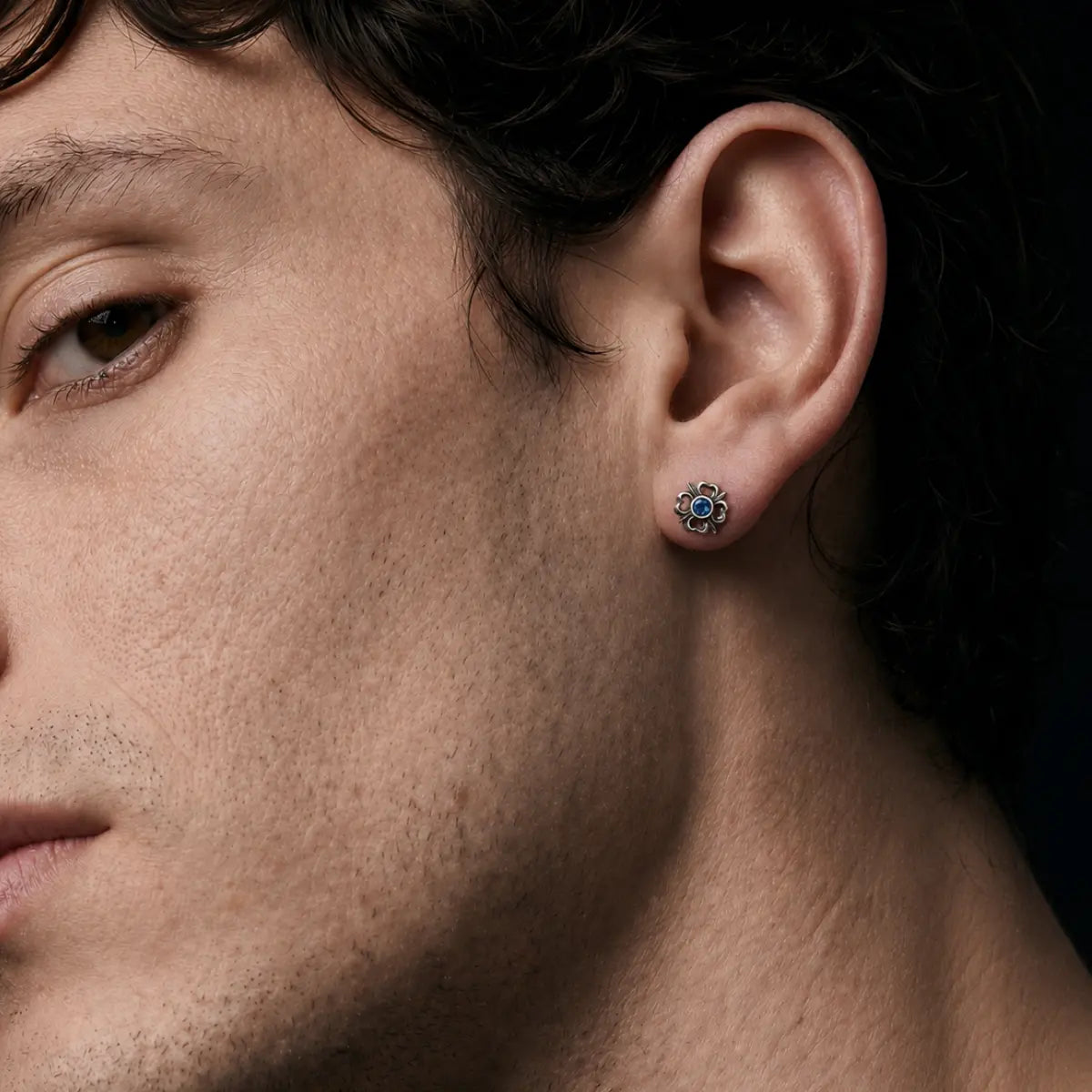 Blue Gem Gothic Stud Earrings 925 Silver Worn by Male Model Profile View