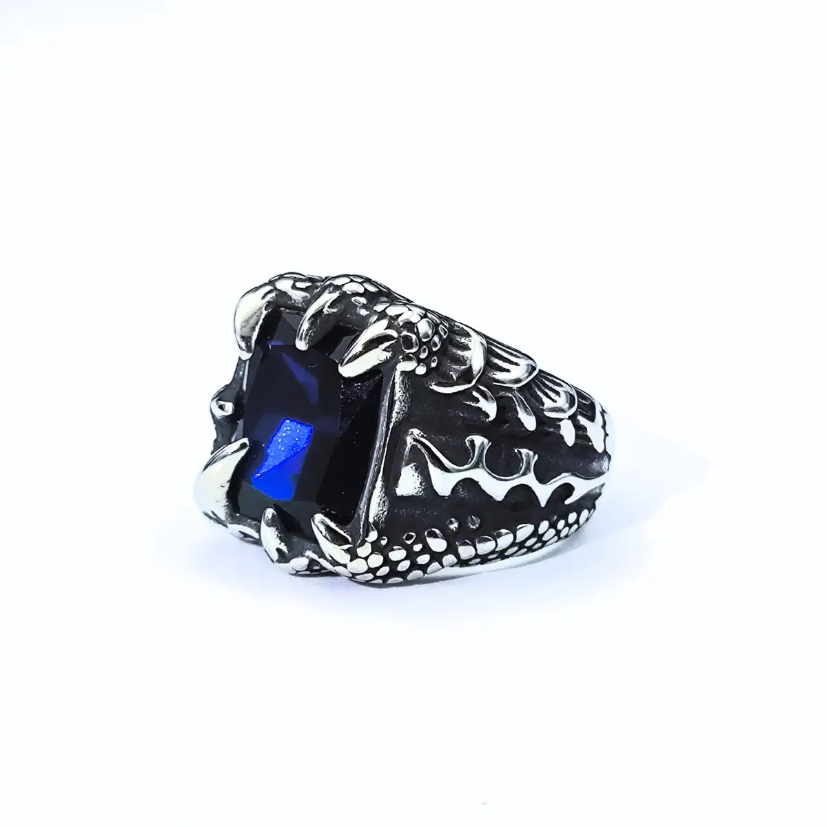 Blue Gemstone CZ Stainless Steel Dragon Claw Ring Details