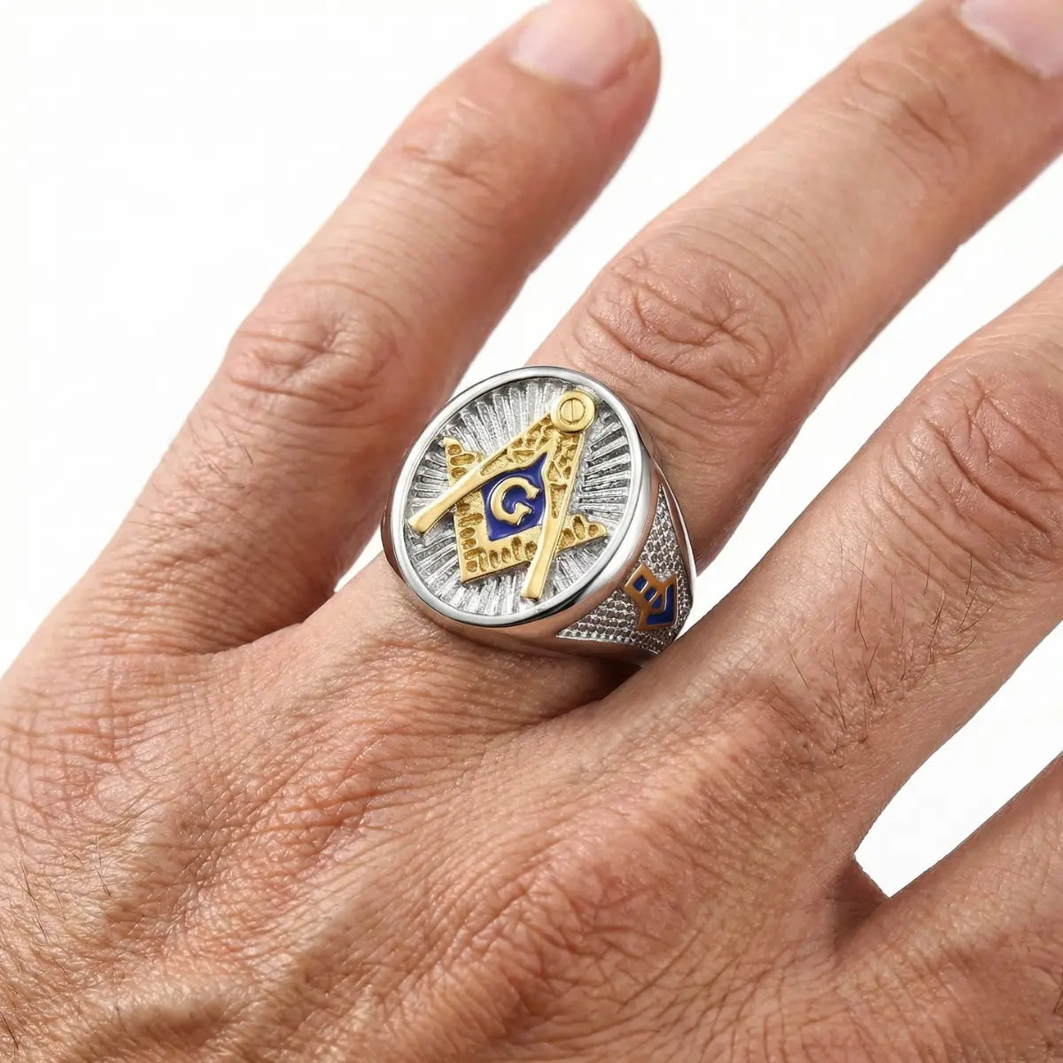 Blue Lodge Ring with Blue G Worn by Male Model Close Up