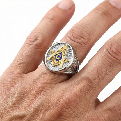 Blue Lodge Ring with Blue G Worn by Male Model Close Up