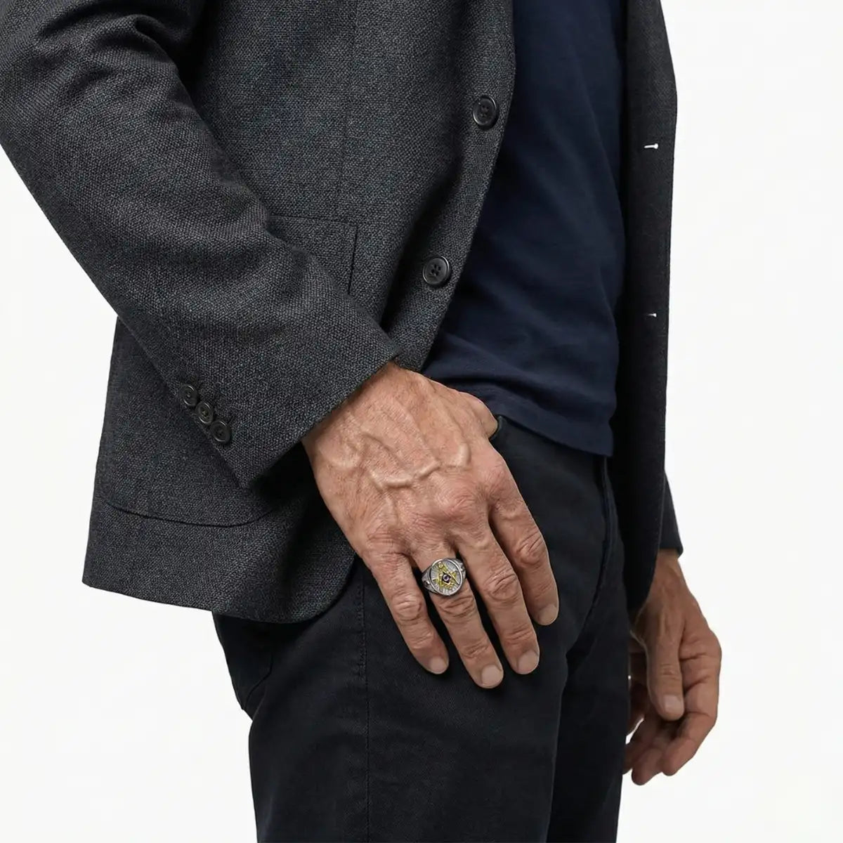 Blue Lodge Ring with Blue G Worn by Male Model