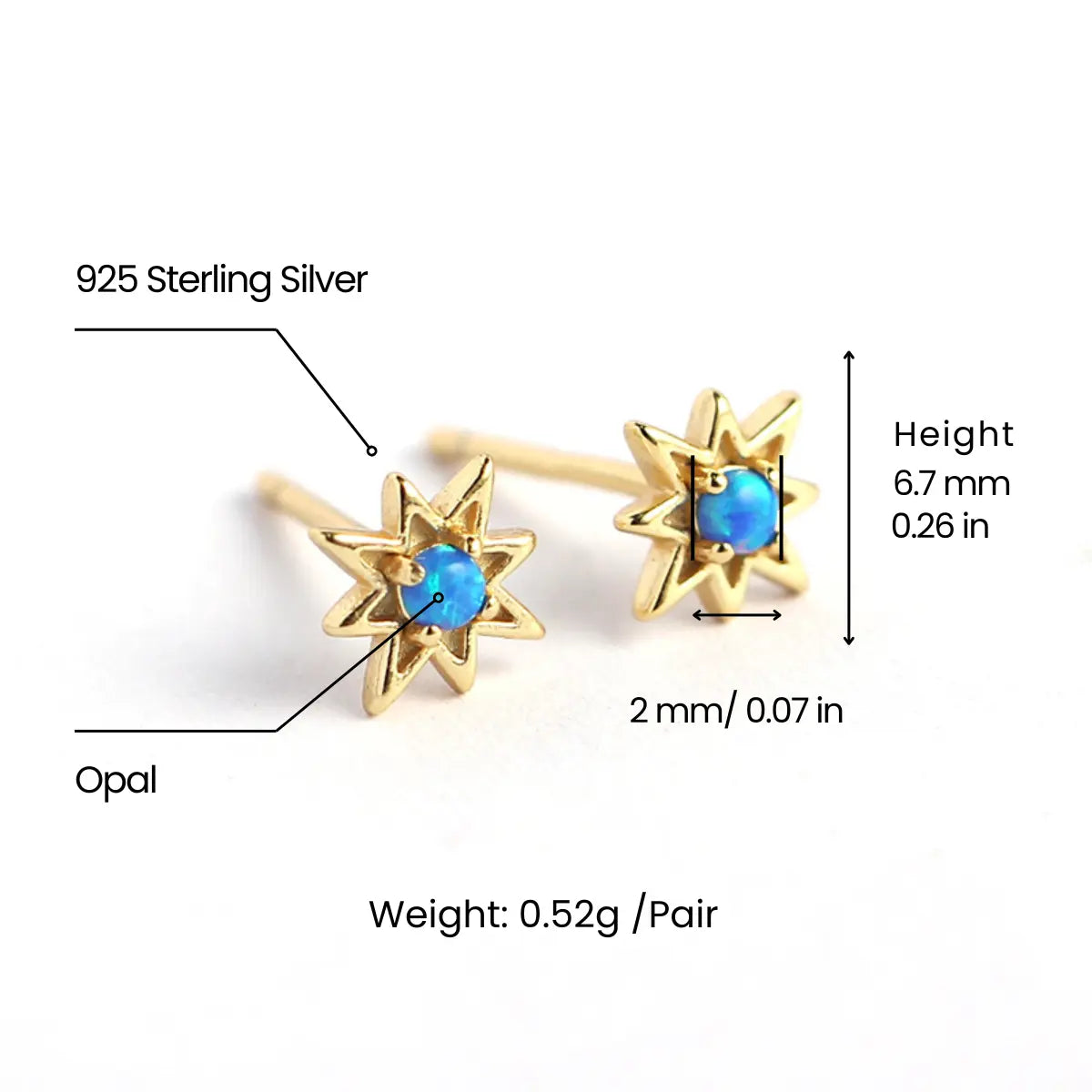 Blue Opal North Star Stud Earrings Sterling Silver Dimensions and Weight