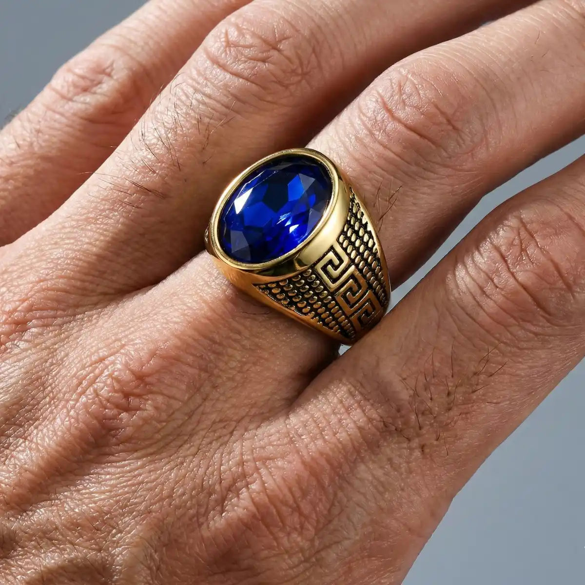 Blue Stone Ring Gold Worn by Male Model