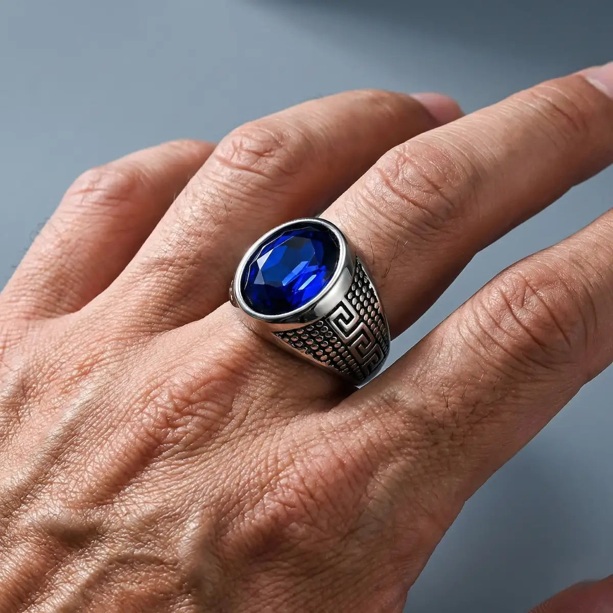 Blue Stone Ring Silver Worn by Male Model