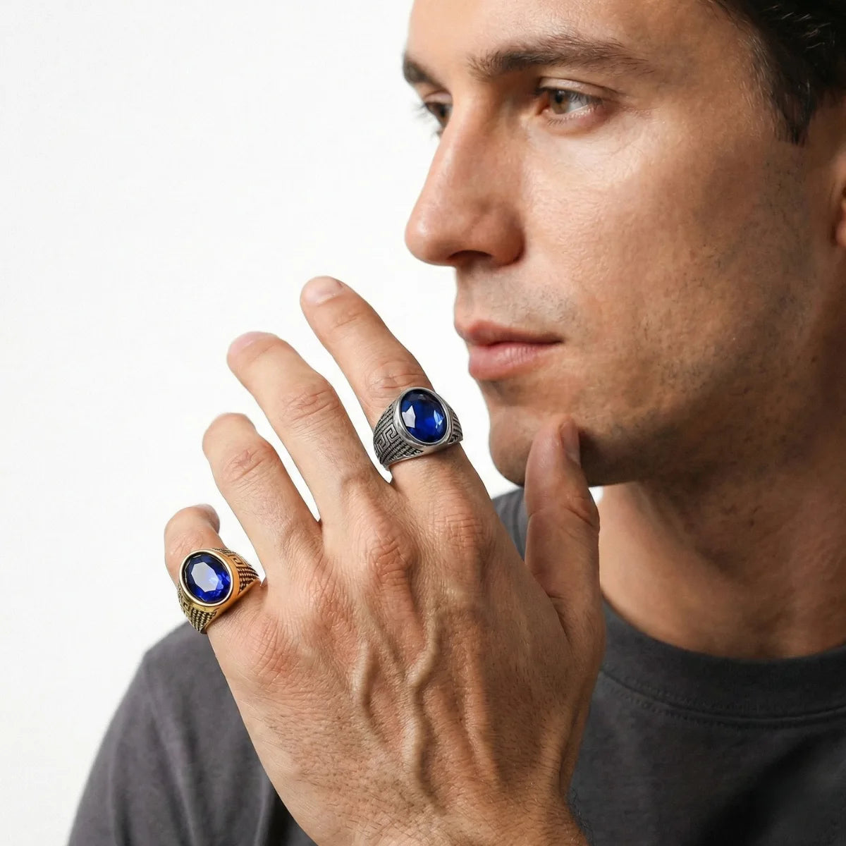 Blue Stone Rings Worn by Male Model