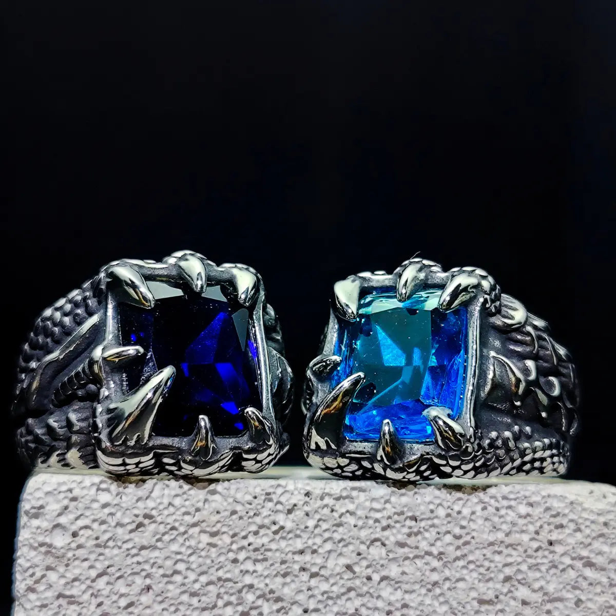 Blue and Light Blue Gemstone CZ Stainless Steel Dragon Claw Ring Details