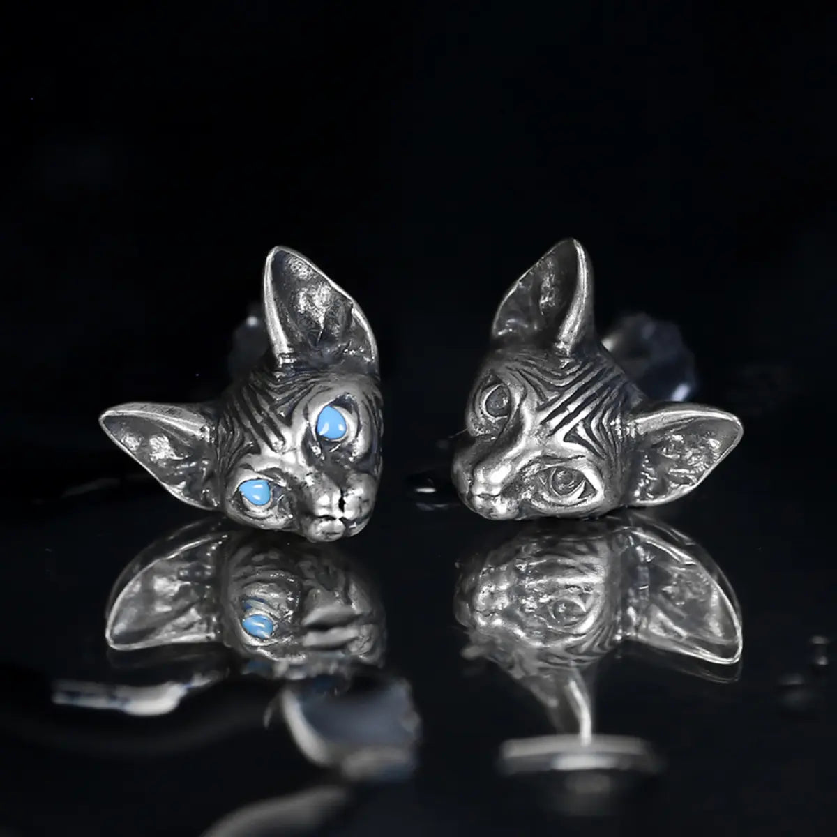 Blue and Silver Eye Sphynx Cat Stud Earrings