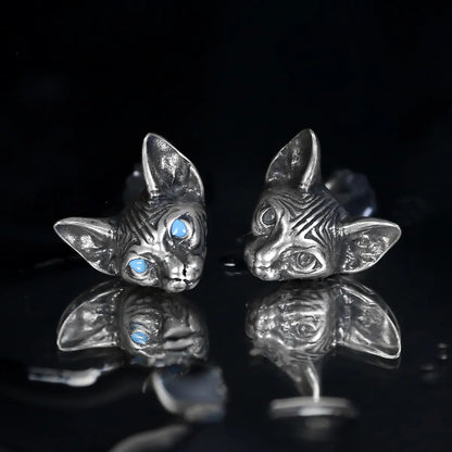 Blue and Silver Eye Sphynx Cat Stud Earrings