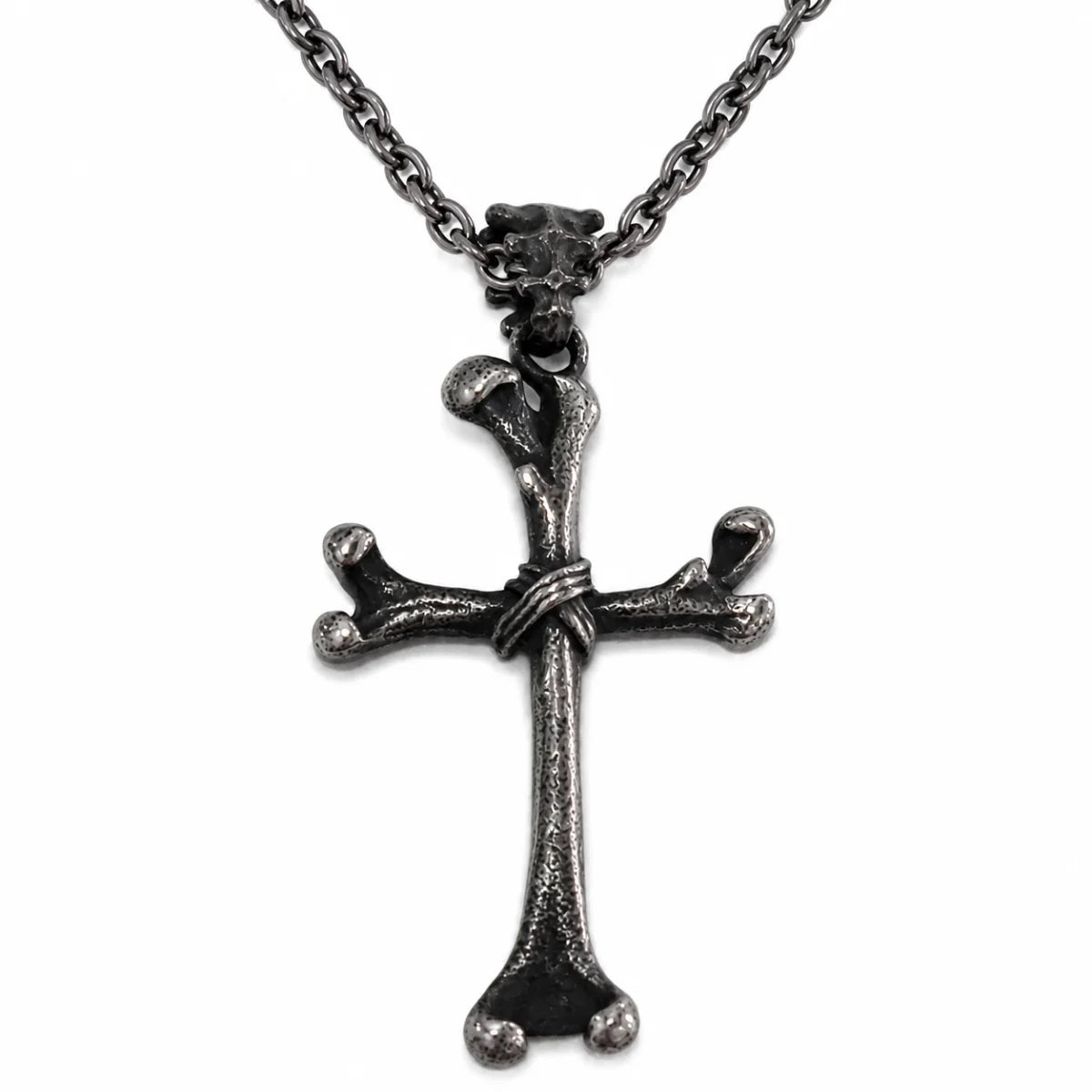 Bone Cross Necklace Antique Silver Pendant with Chain Front View White Background