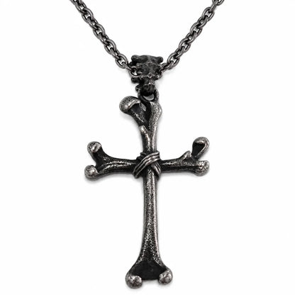 Bone Cross Necklace Antique Silver Pendant with Chain Front View White Background