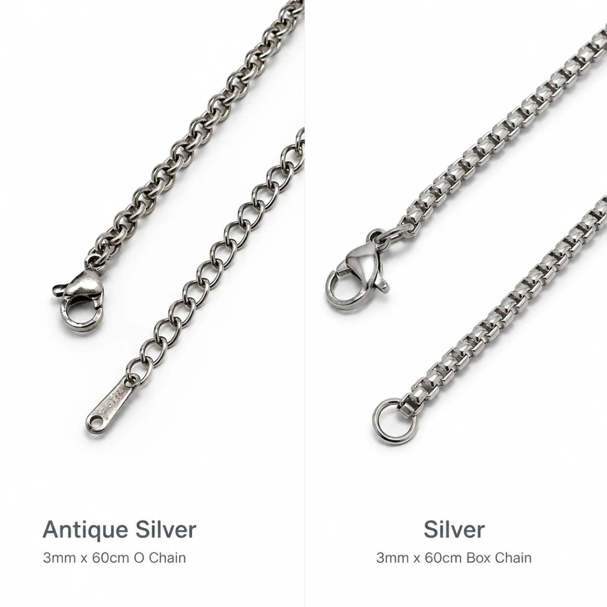 Bone Cross Necklace Chain Details Antique Silver and Silver Options Showcase