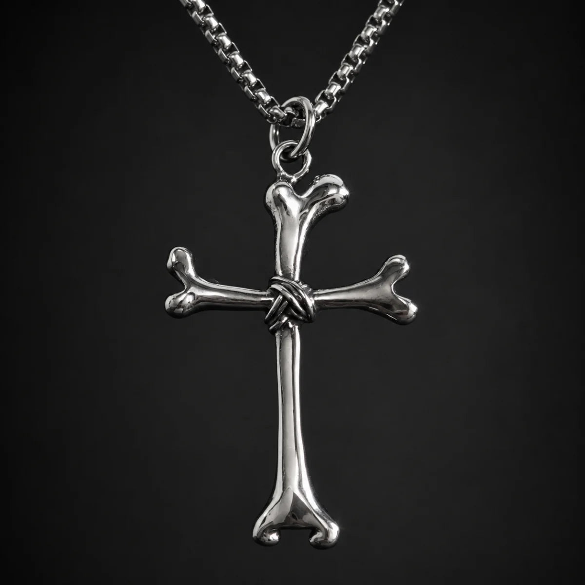 Bone Cross Necklace Silver Close Up Black Background