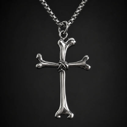 Bone Cross Necklace Silver Close Up Black Background