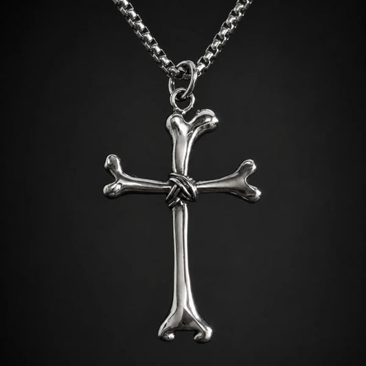 Bone Cross Necklace Silver Close Up Black Background