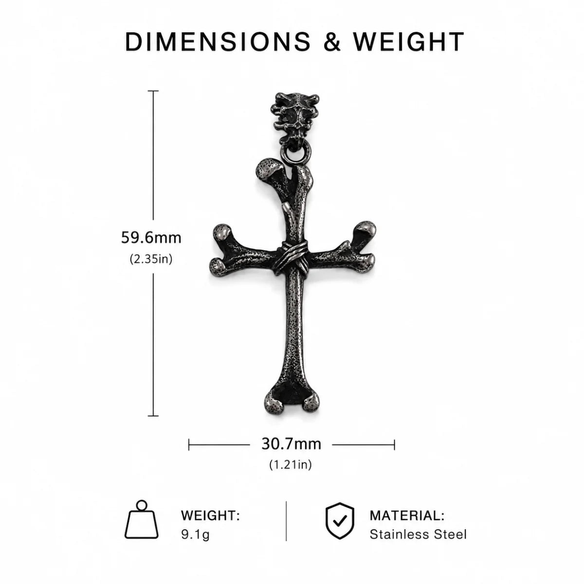 Bone Cross Necklace Antique Silver Dimension Diagram 62.0mm 2.44inch and 36.3mm 1.43inch 14.2g 0.50oz