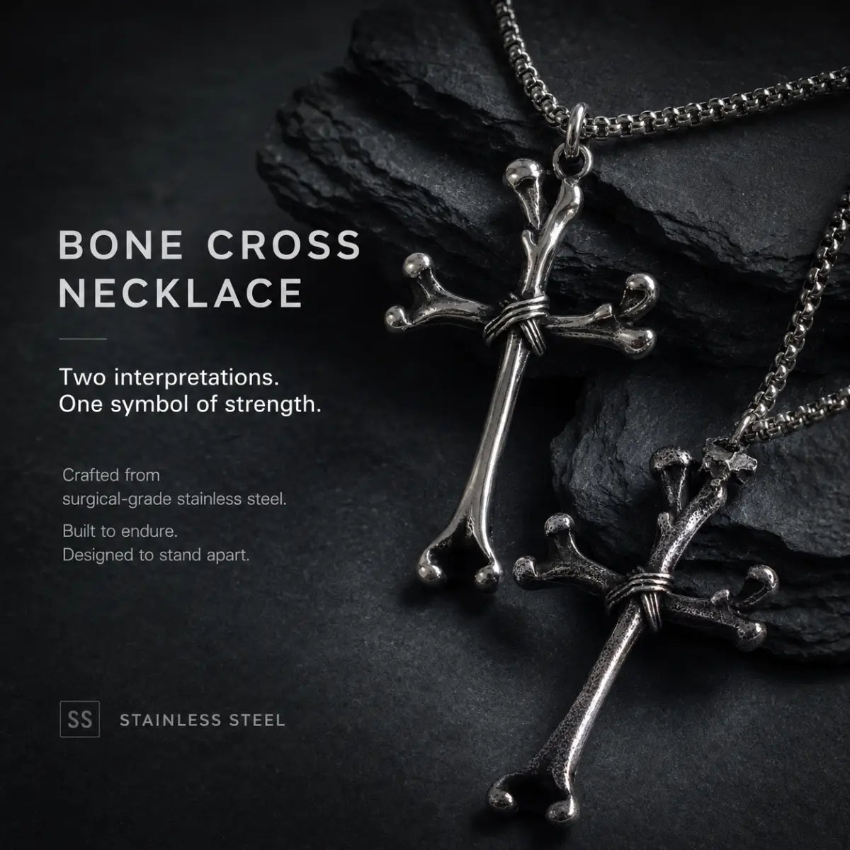 Bone Cross Necklace Silver Displayed on Stone Surface