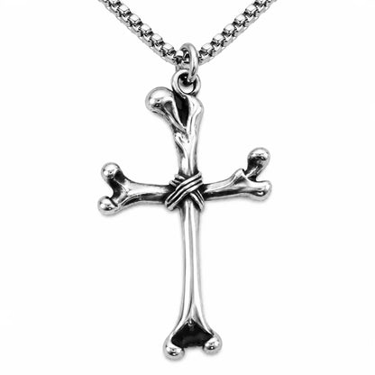 Bone Cross Necklace Silver Pendant with Chain Front View White Background