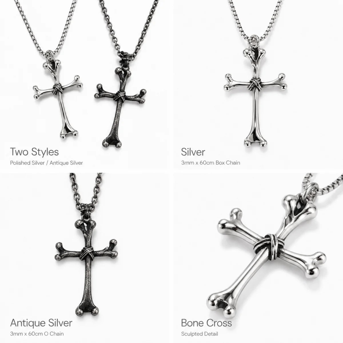 Bone Cross Necklace Silver and Antique Silver Color and Style Options Showcase