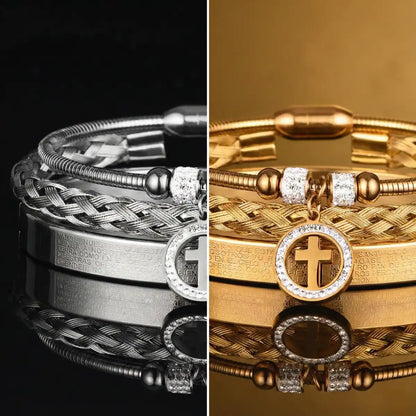 Bracelet Set with Cross Charm Gold and Silver Close Up