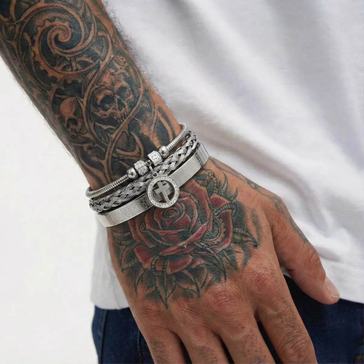 Bracelet Set with Cross Charm Silver Worn by Male Model