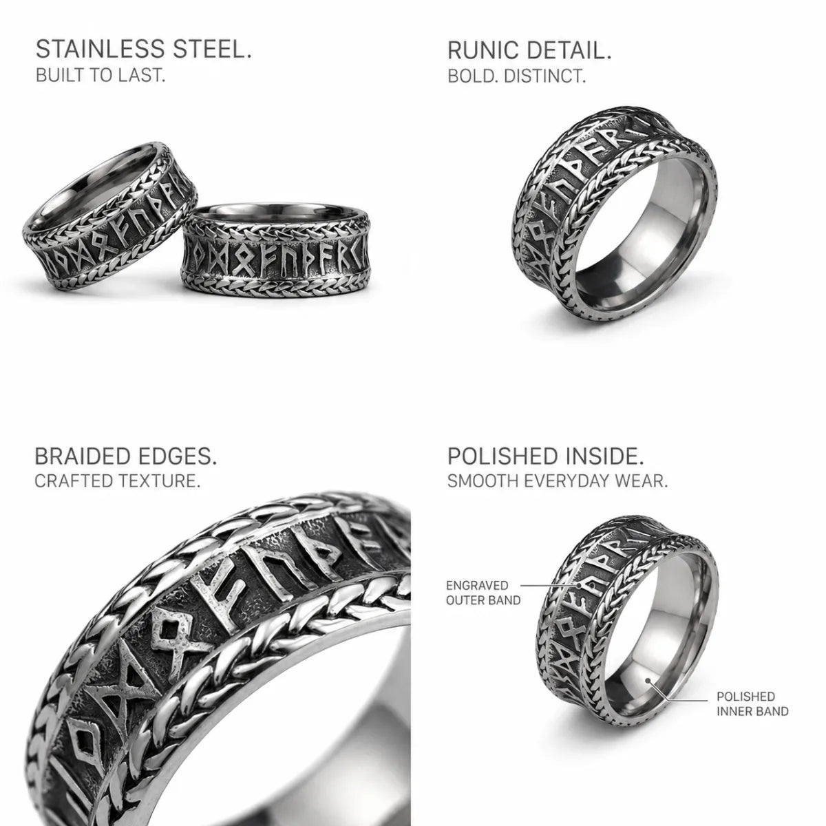 Braided Edge Rune Ring Silver Details and Features Infographic