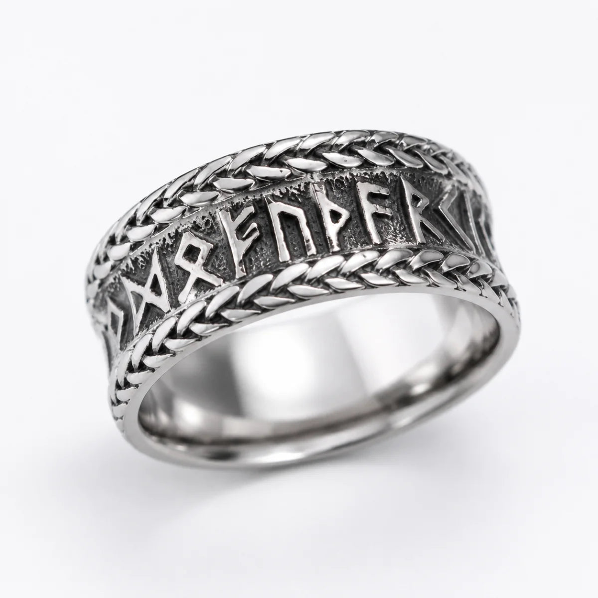 Braided Edge Rune Ring Silver Front View White Background