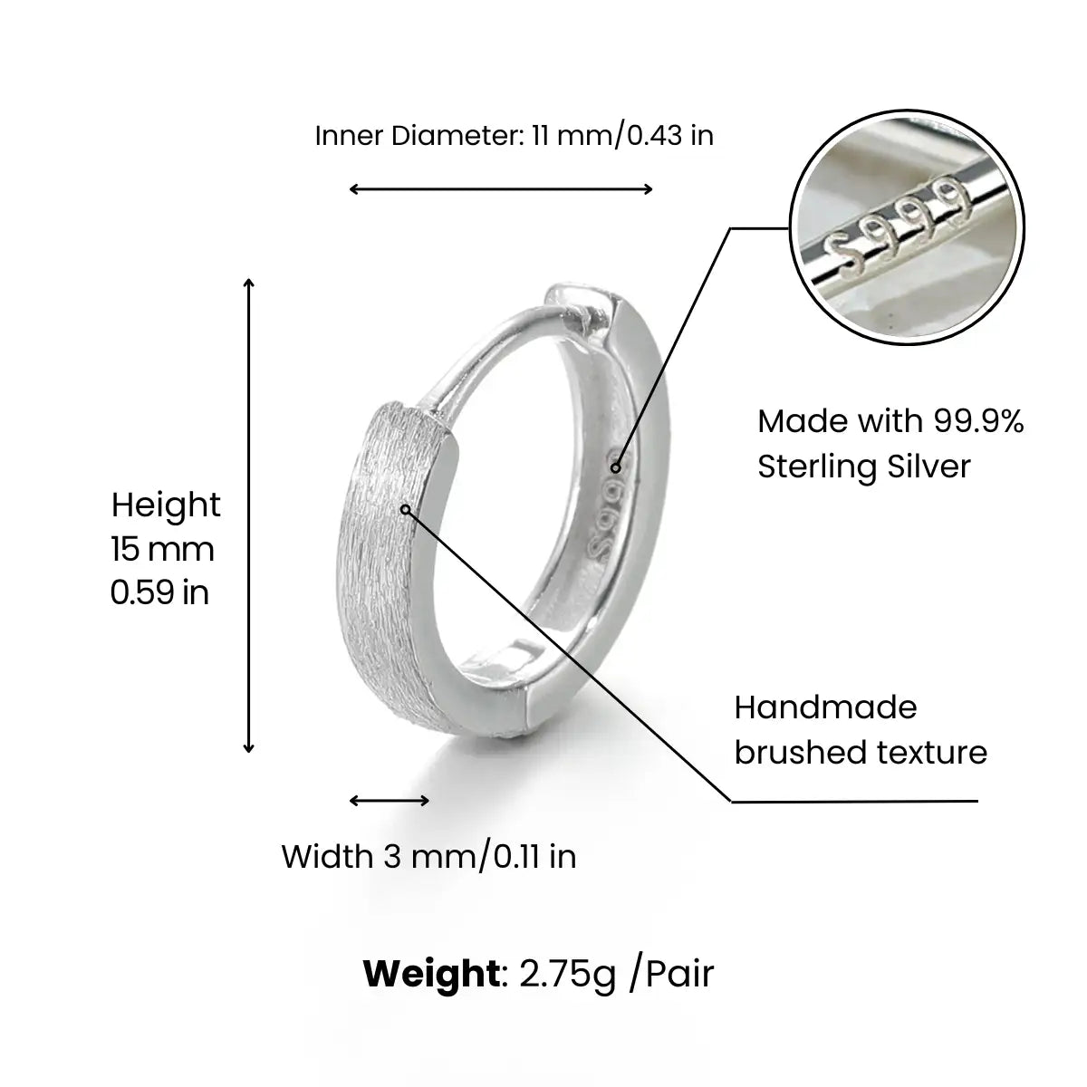 Brushed Silver Hoop Earrings Dimensions and Weight