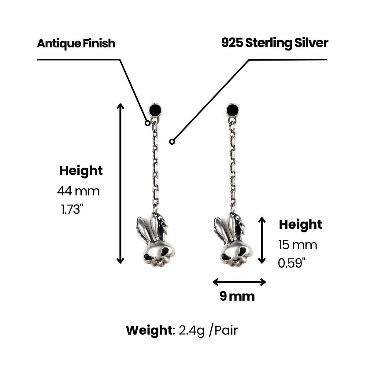 Bunny Skull Drop Earrings Dimensions and Weight
