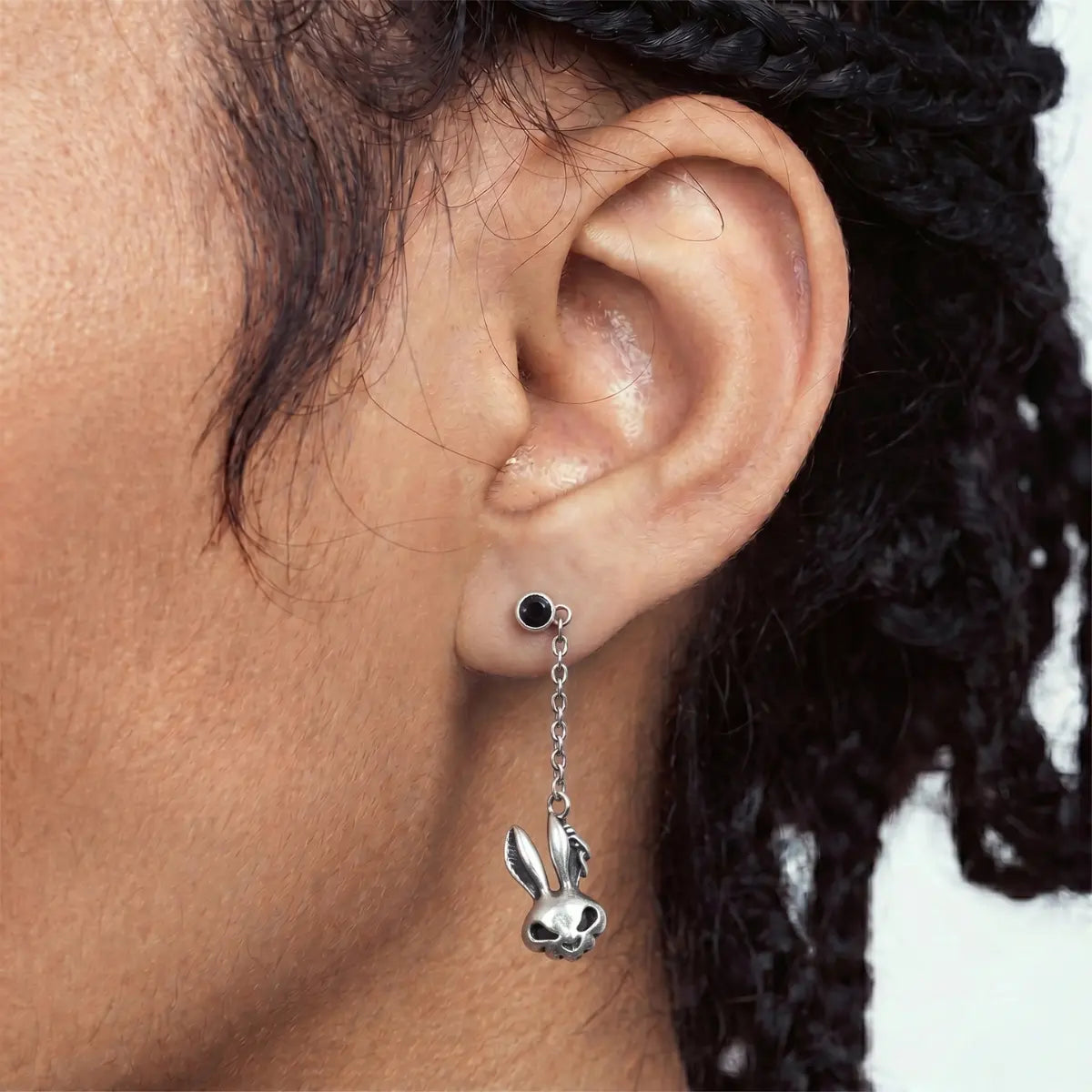 Bunny Skull Drop Earrings Silver Worn by Male Model