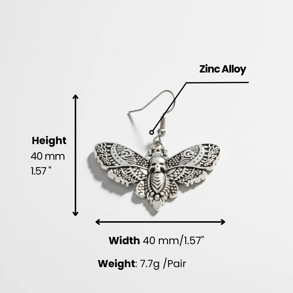 Butterfly Skull Dangle Earrings Dimensions and Weight
