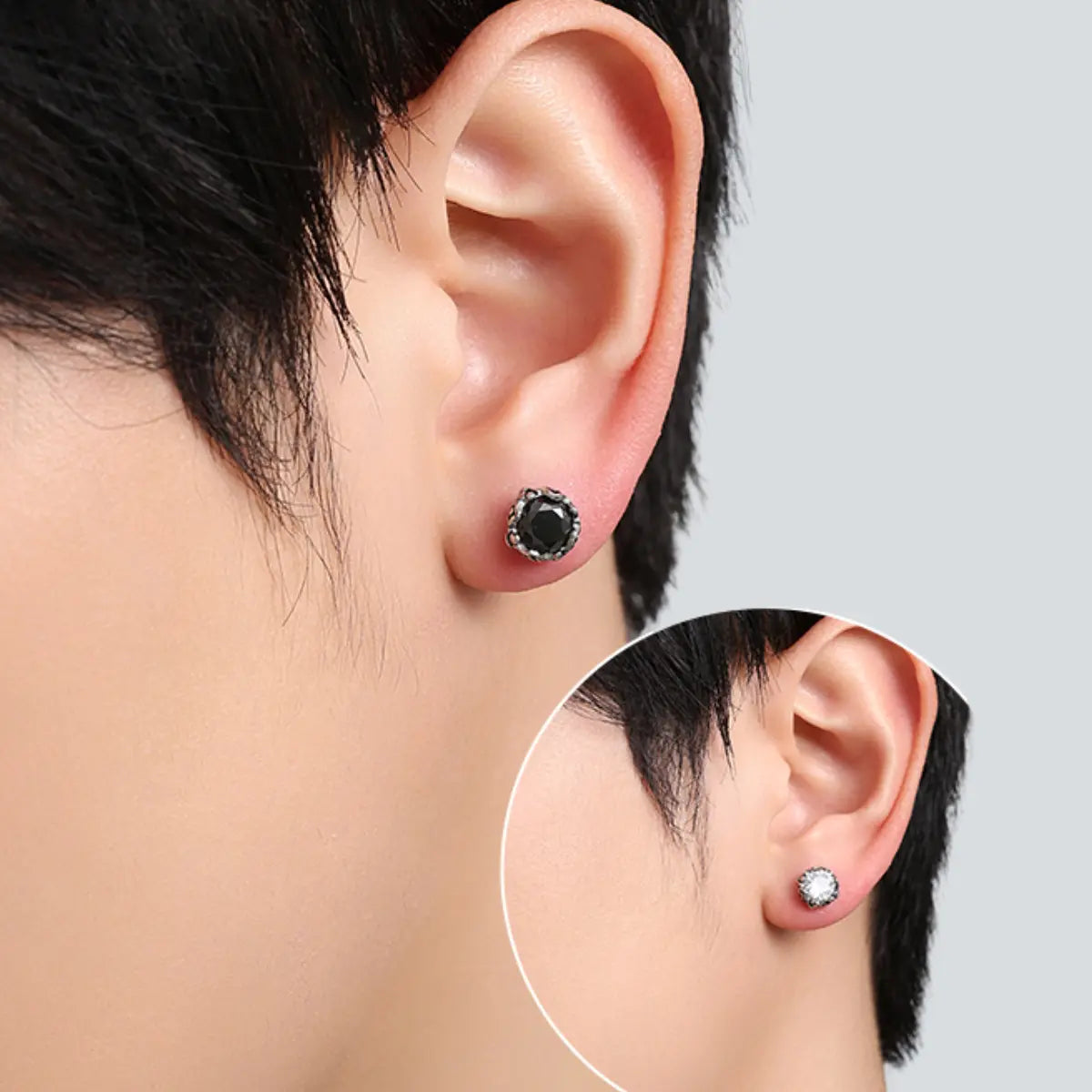 CZ Diamond Barbell Earrings Stainless Steel Worn by Male Model Close Up