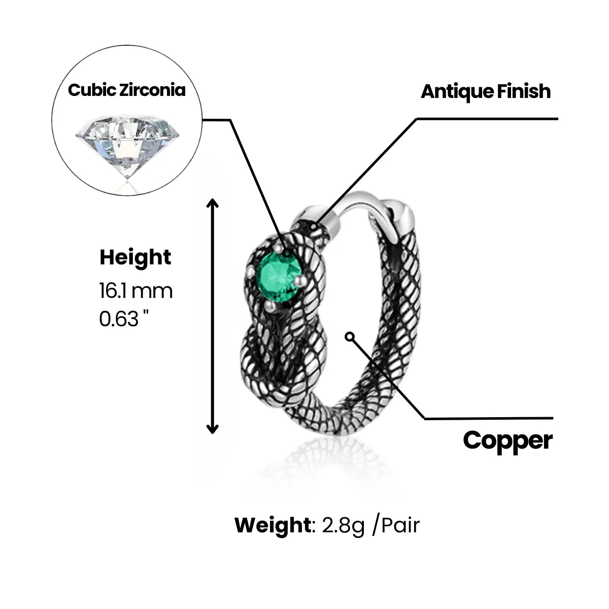 CZ Snake Skin Hoop Earrings Dimensions and Weight