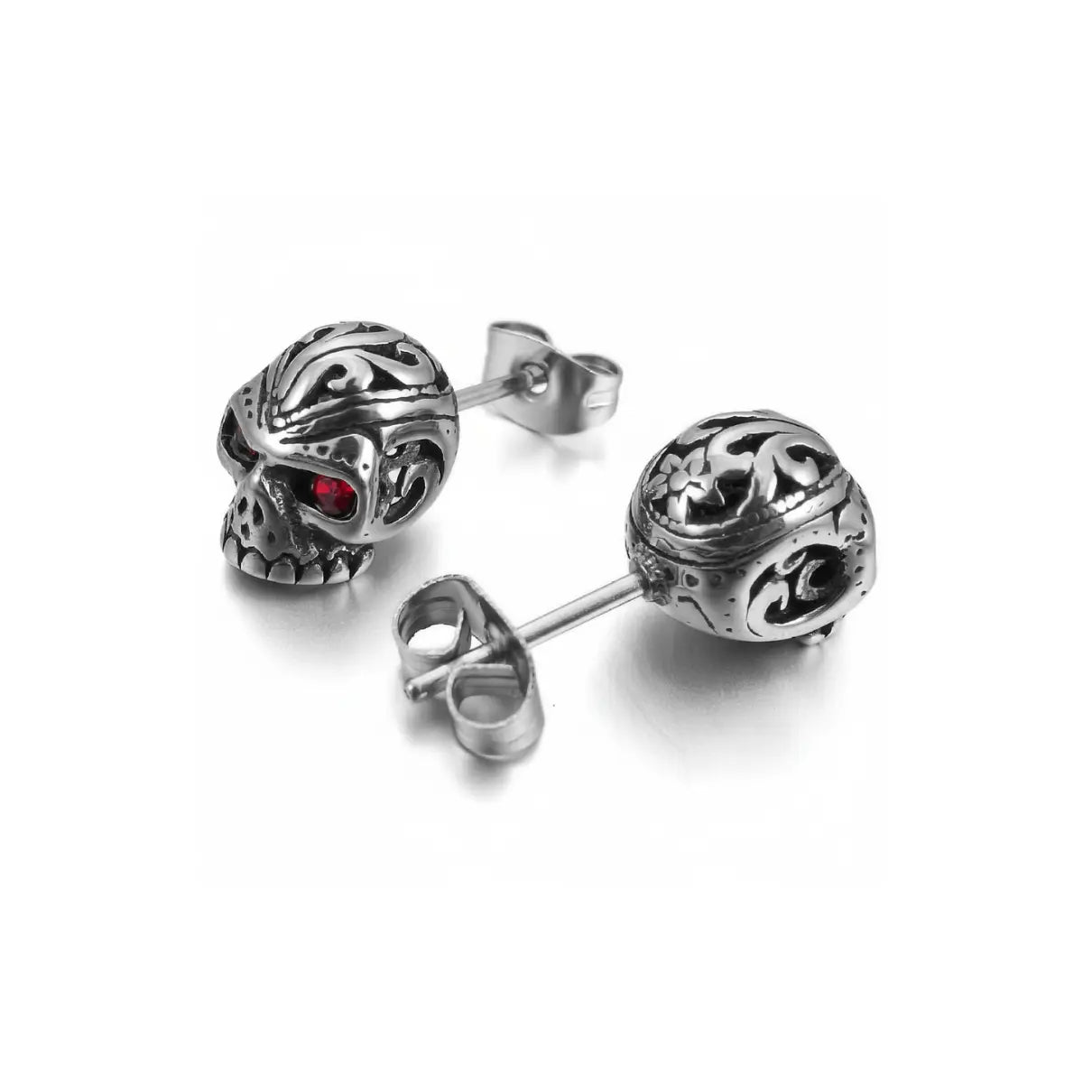 Carved Red Eye Skull Stud Earrings Back