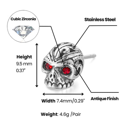 Carved Red Eye Skull Stud Earrings Dimensions and Weight