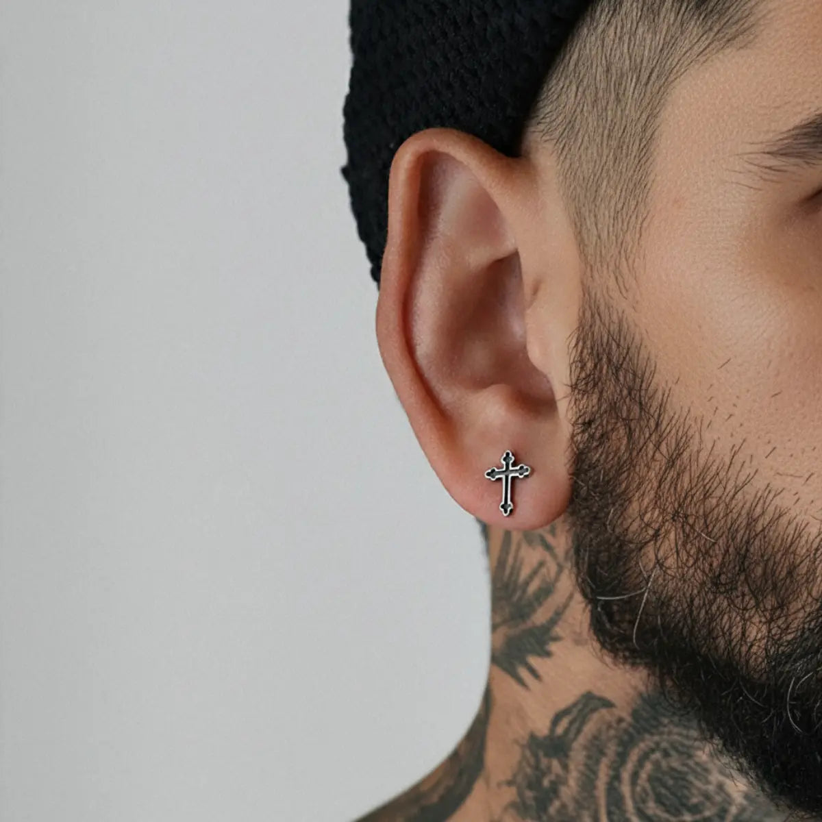 Catholic Budded Cross Stud Earrings Worn by Male Model