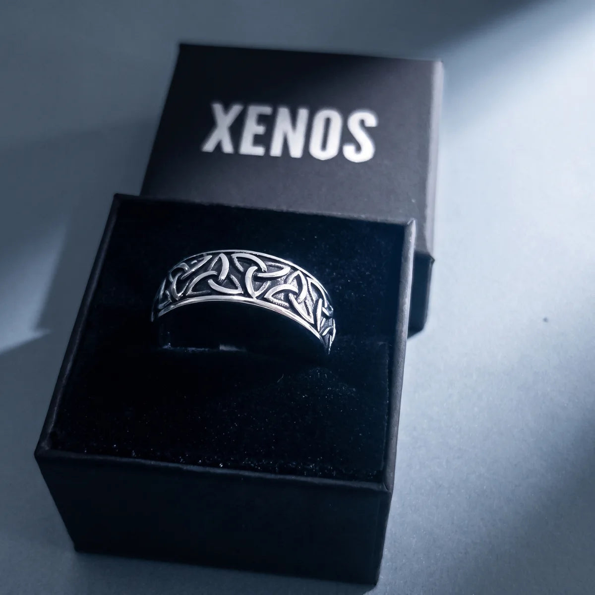 Celtic Knot Band Ring Silver Presented in Xenos Jewelry Packaging Box